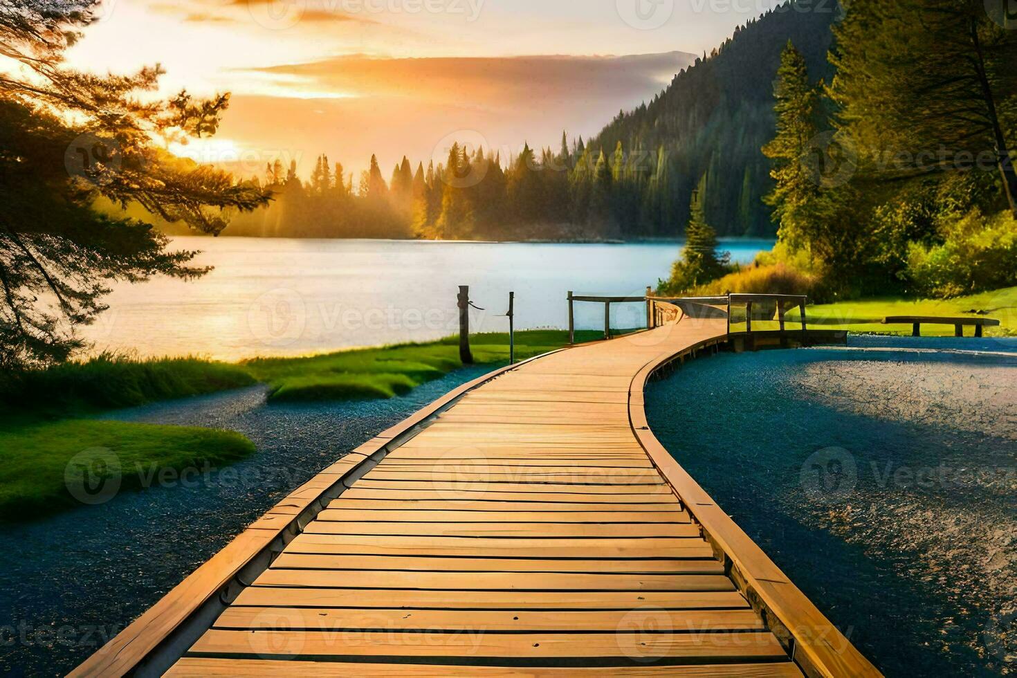 a wooden path leads to a lake at sunset. AI-Generated photo