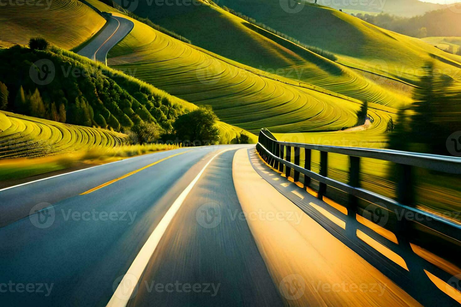 a car driving down a road with the sun setting behind it. AI-Generated photo