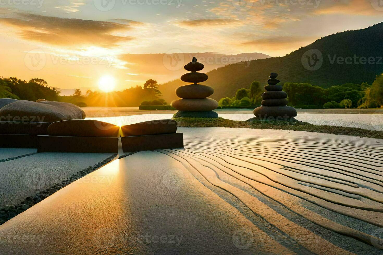 sunset at the japanese garden. AI-Generated photo