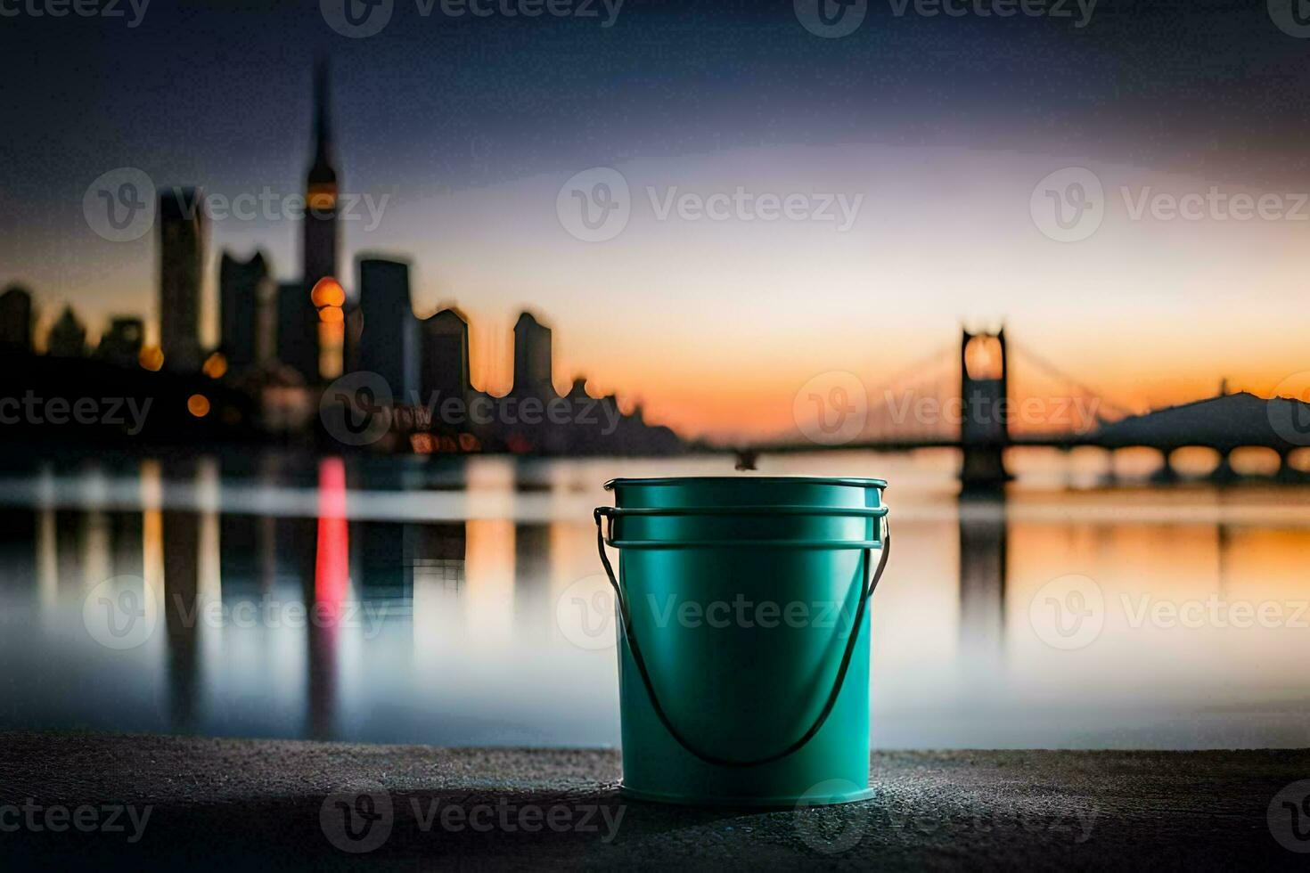 a bucket of water sits on the ground in front of a city skyline. AI-Generated photo