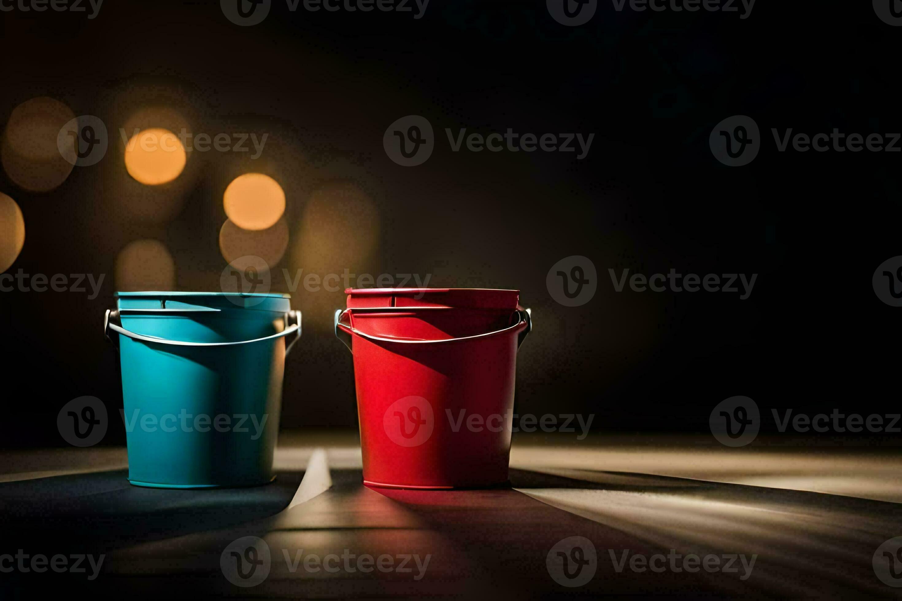 two red and blue buckets on a dark background. AIGenerated 33441784