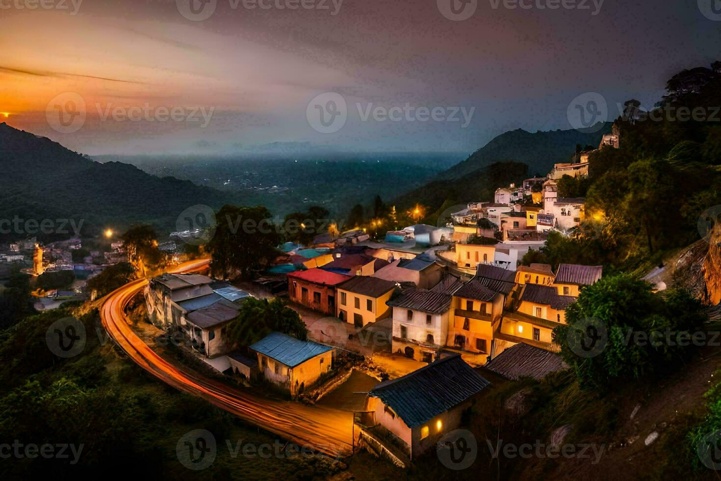 a village in the mountains at sunset. AI-Generated photo