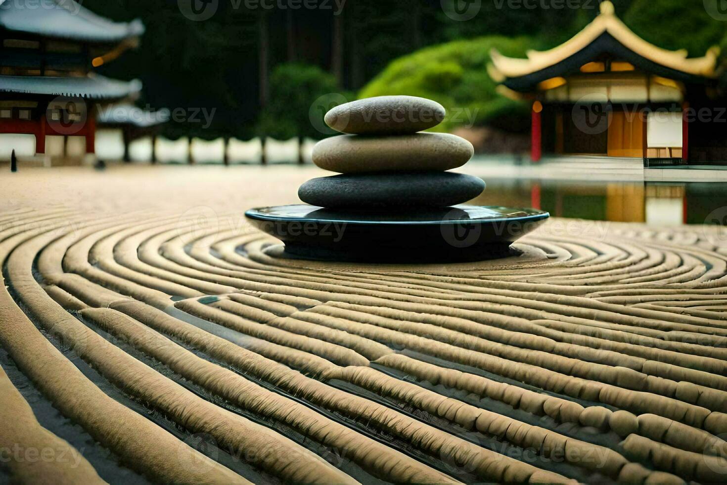 a zen garden with stones and a pagoda. AI-Generated photo