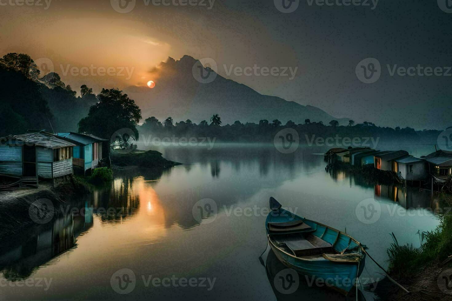 a boat sits on the water at sunrise. AI-Generated photo