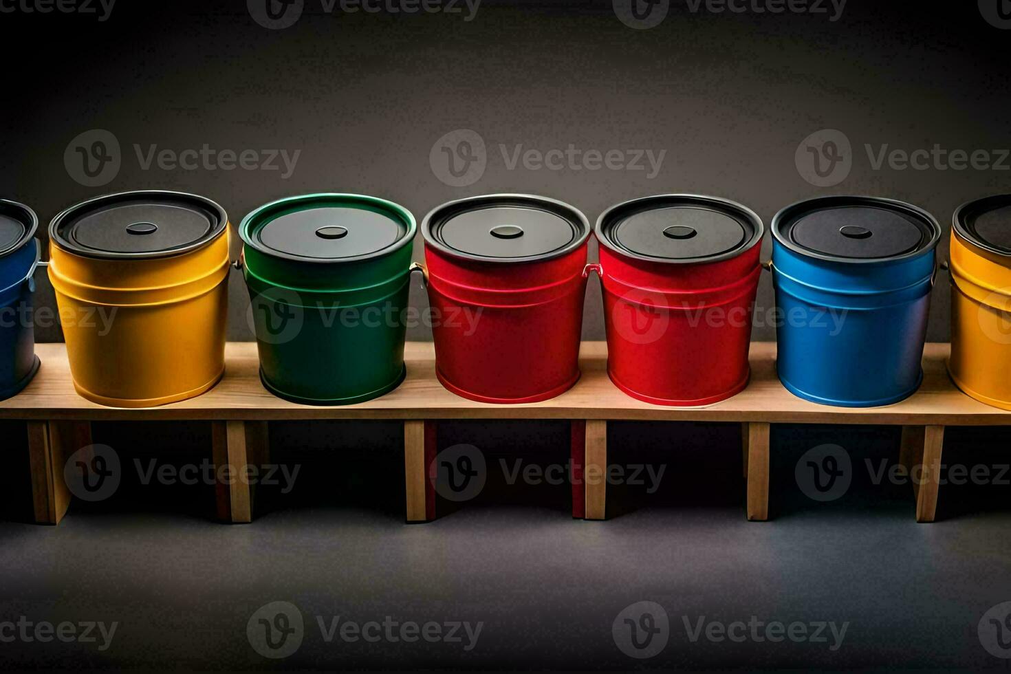 a row of colorful buckets on a wooden shelf. AI-Generated photo