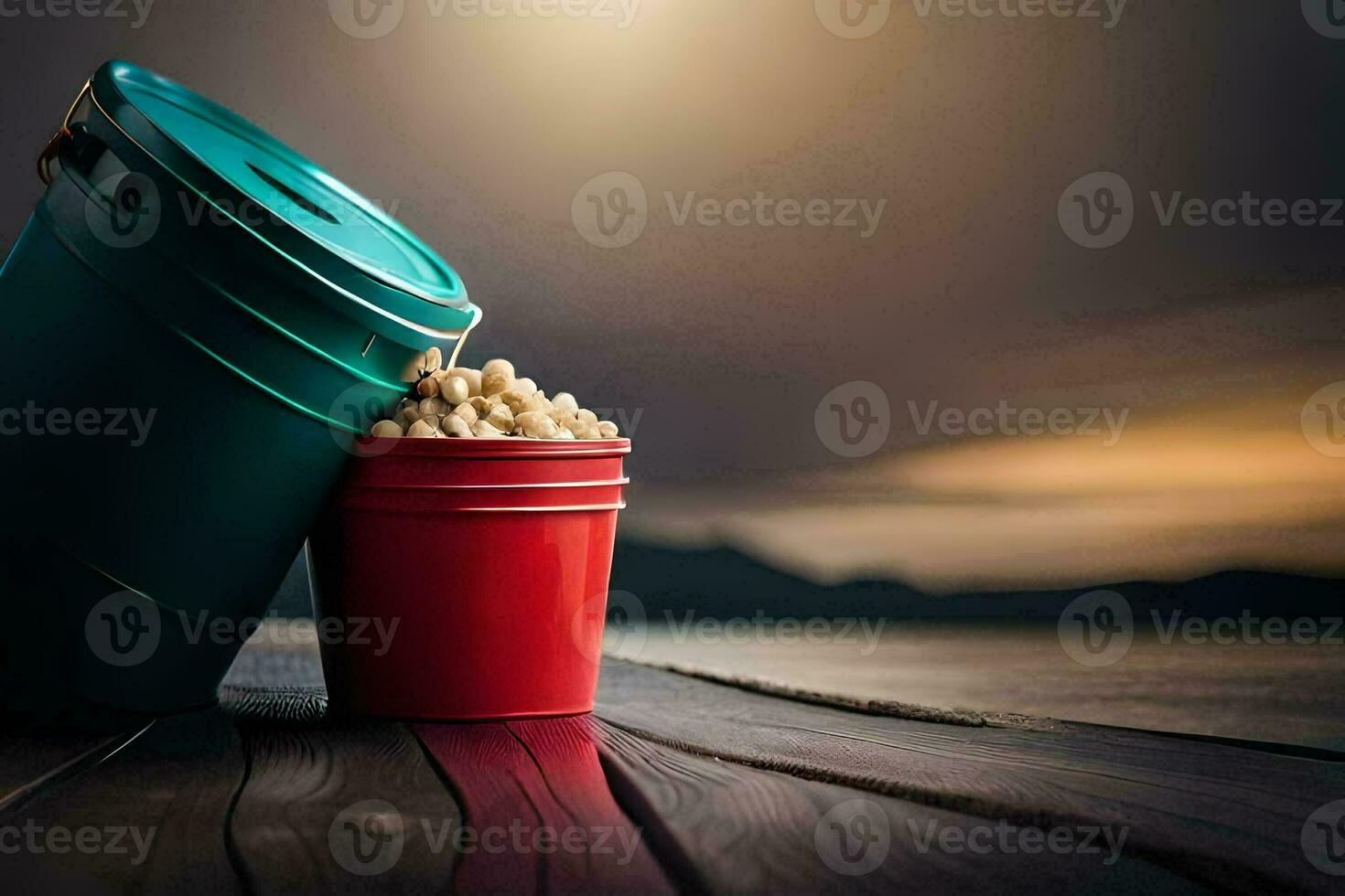 two buckets of popcorn sitting on a wooden table. AI-Generated photo