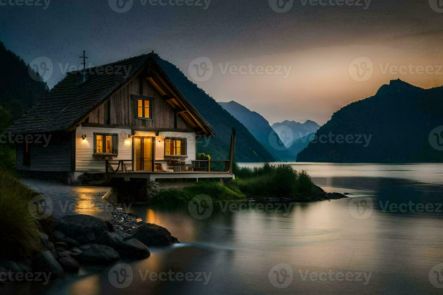 photo wallpaper the sky, mountains, lake, house, the house, the lake, the mountains. AI-Generated