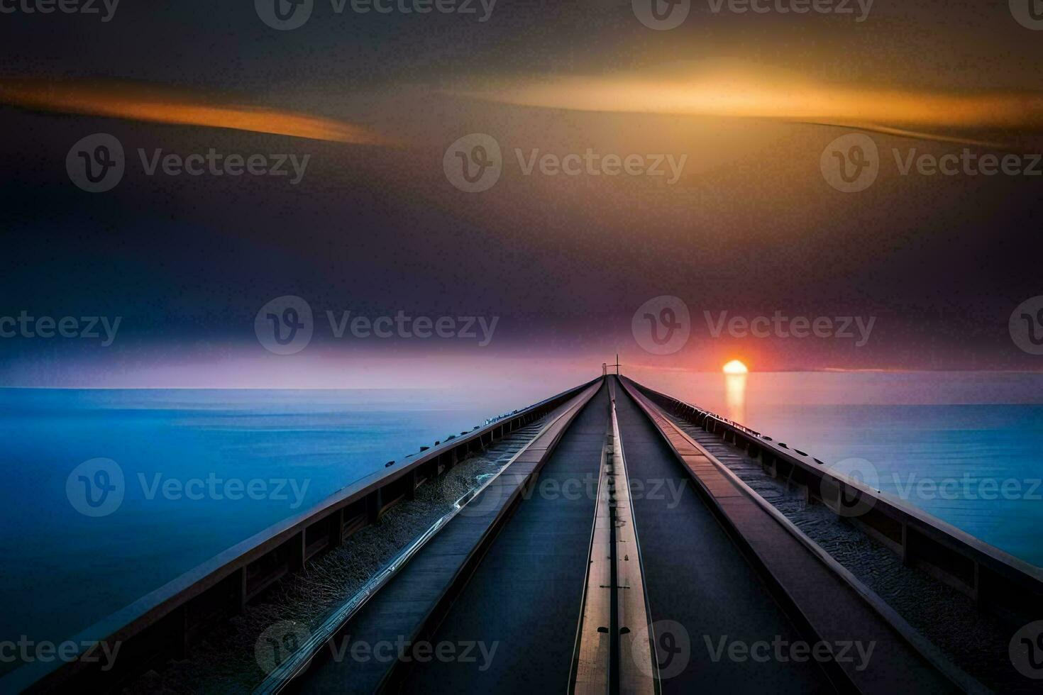 a long bridge with the sun setting over it. AI-Generated photo