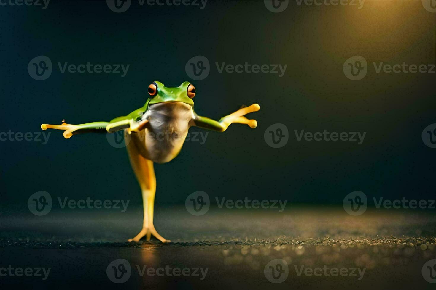 a frog is standing on its hind legs and stretching. AI-Generated photo