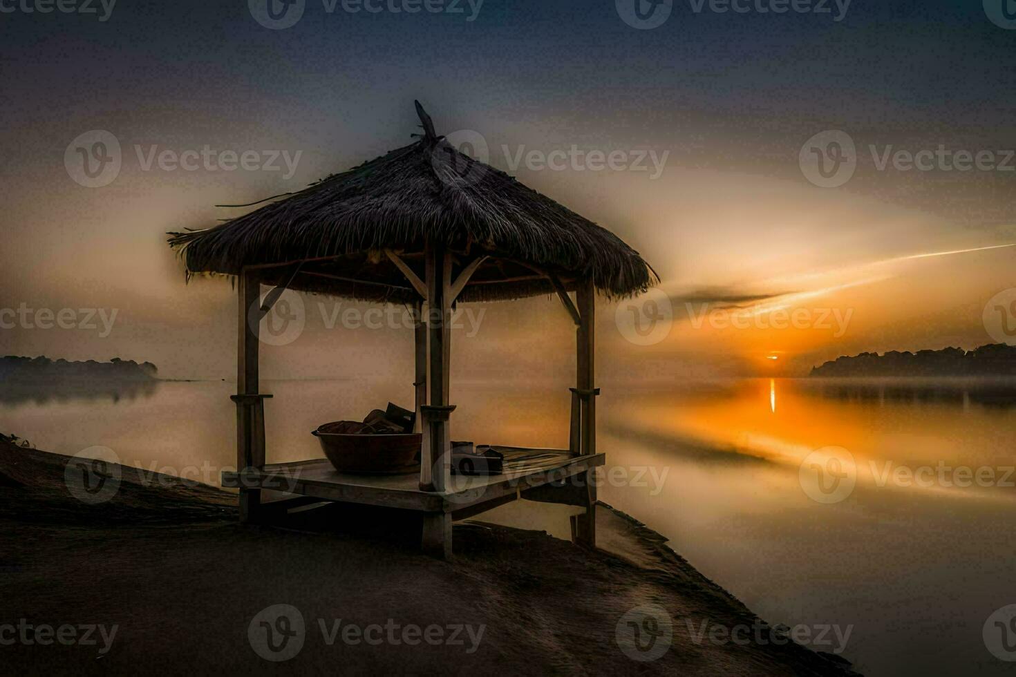 a gazebo sits on the shore of a lake at sunset. AI-Generated photo