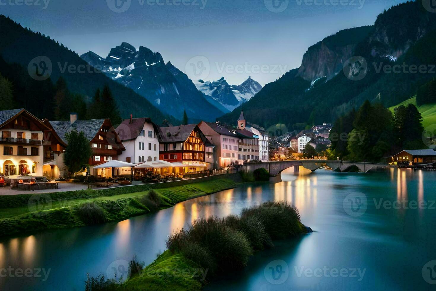 photo wallpaper mountains, the night, the river, the town, the mountains, the town,. AI-Generated