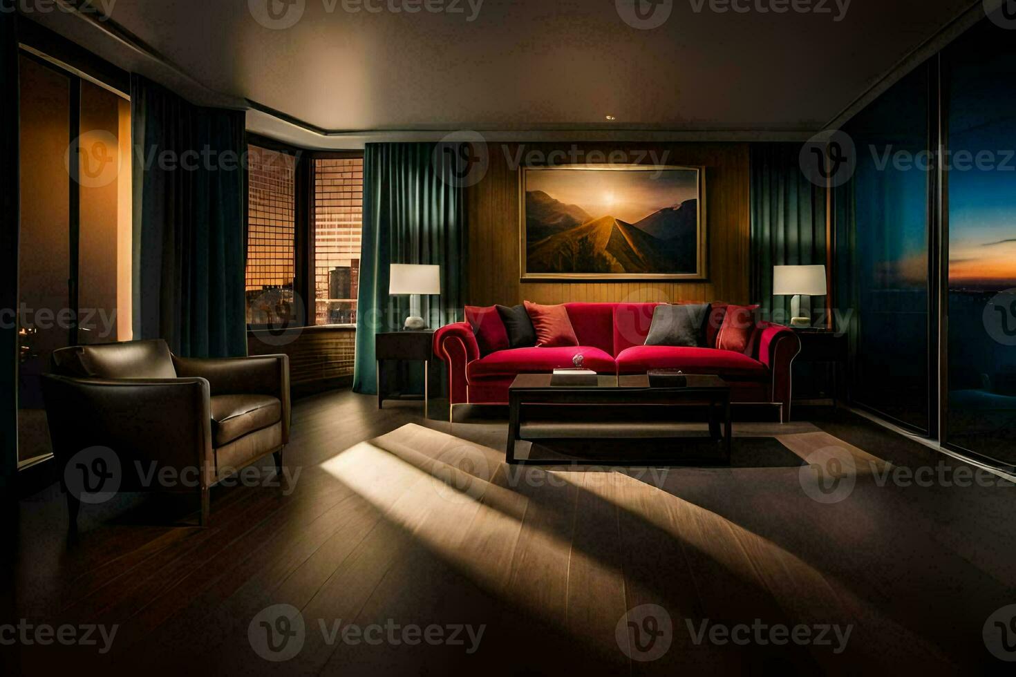 a living room with a red couch and a painting on the wall. AI-Generated photo