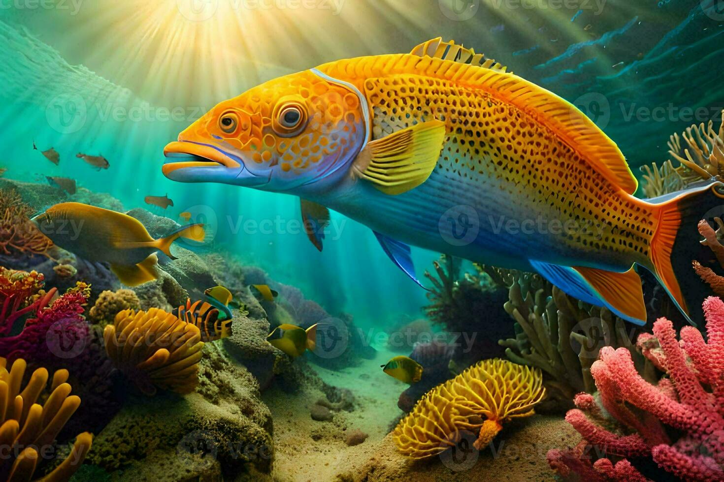 fish in the ocean with coral reefs and sun. AI-Generated photo