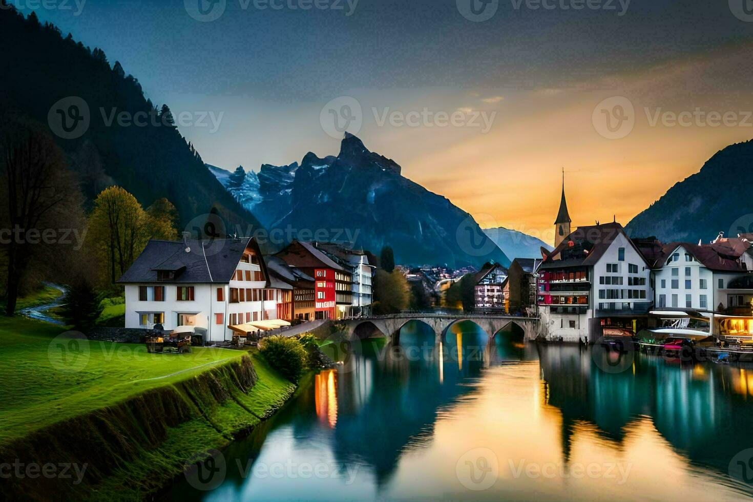 photo wallpaper the sky, mountains, river, town, switzerland, europe, europe. AI-Generated