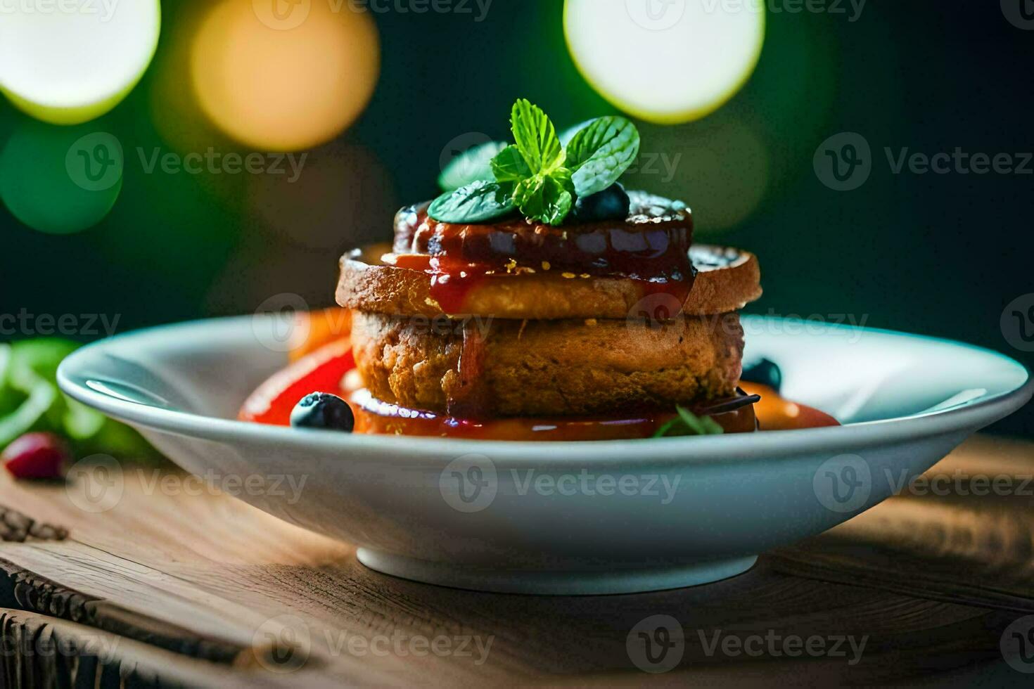 a stack of pancakes with sauce and berries. AI-Generated photo