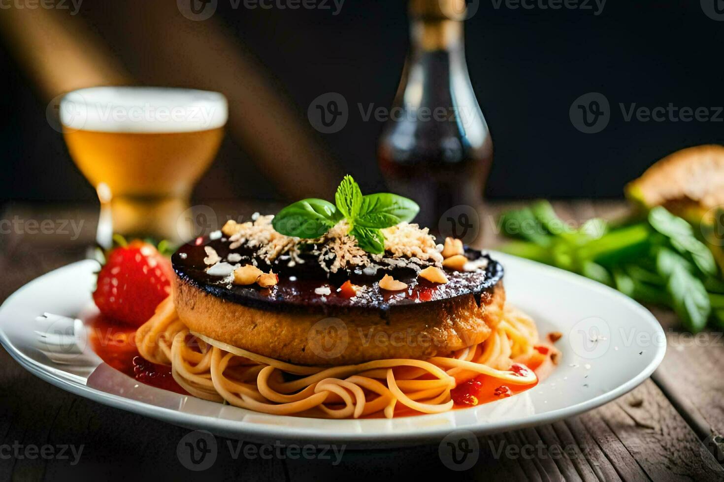 spaghetti and tomato sauce on a plate with a glass of beer. AI-Generated photo
