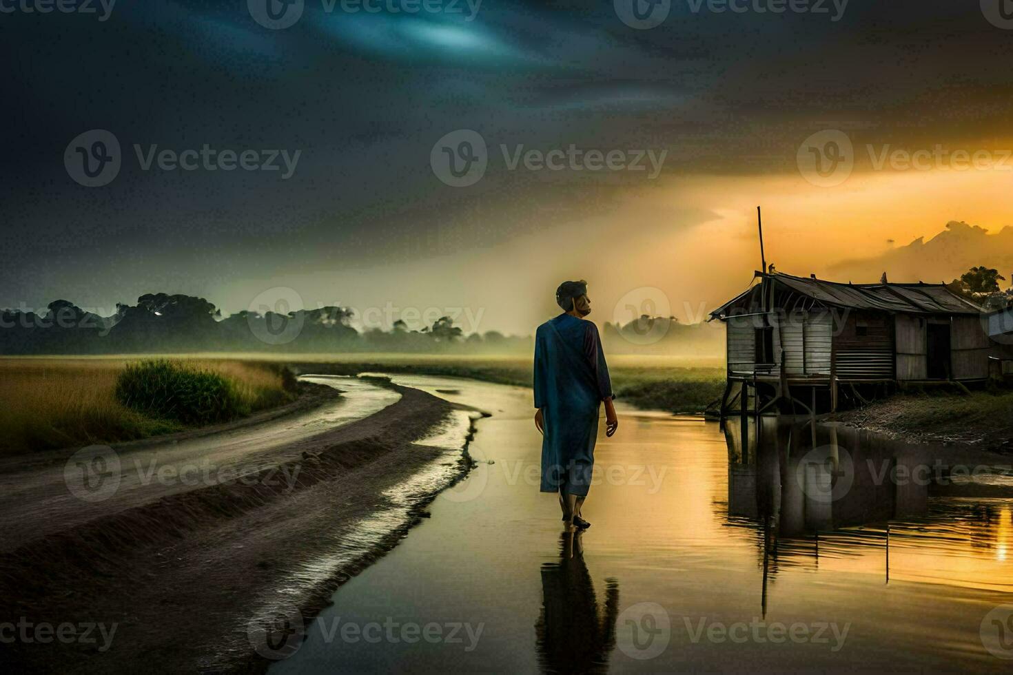 a man walks along a road in front of a house at sunset. AI-Generated photo