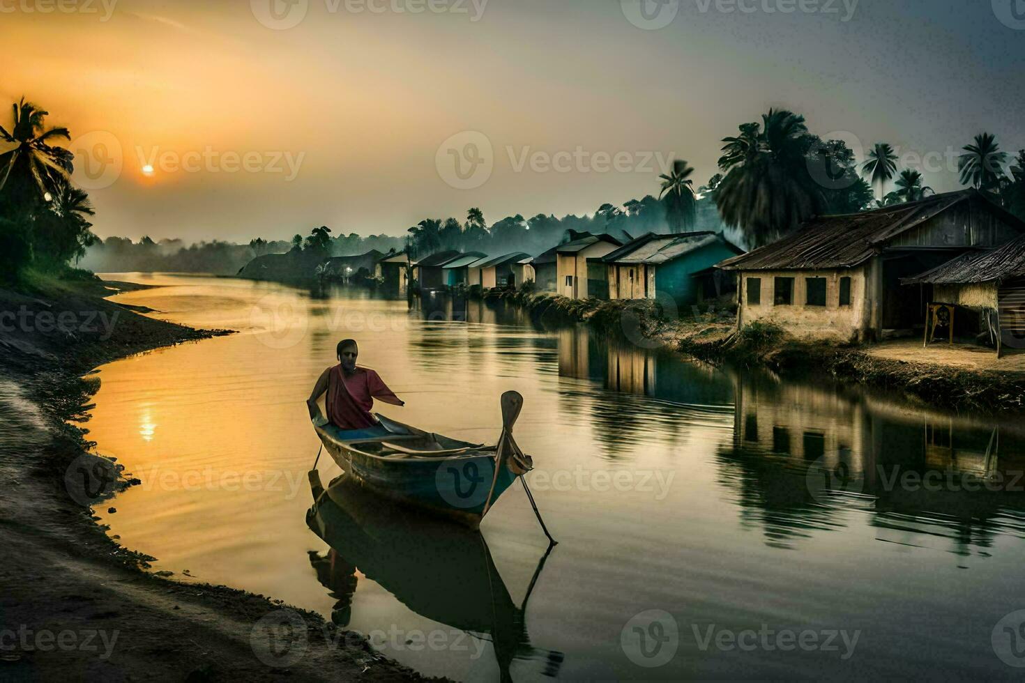 a man in a boat on a river at sunset. AI-Generated photo