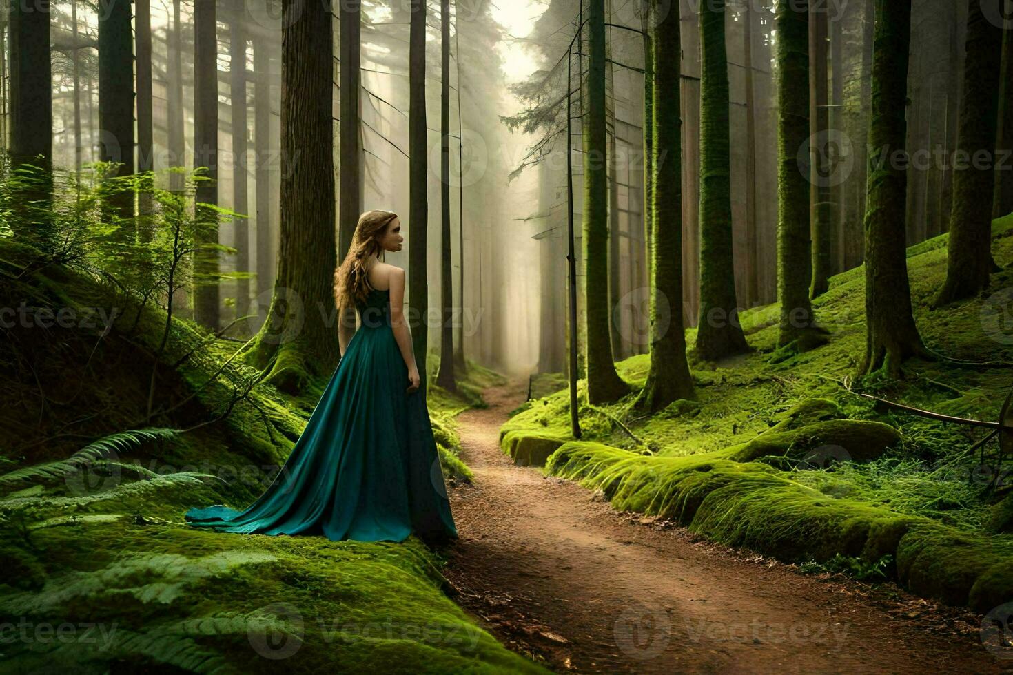 a woman in a green dress standing on a path in the middle of a forest. AI-Generated photo