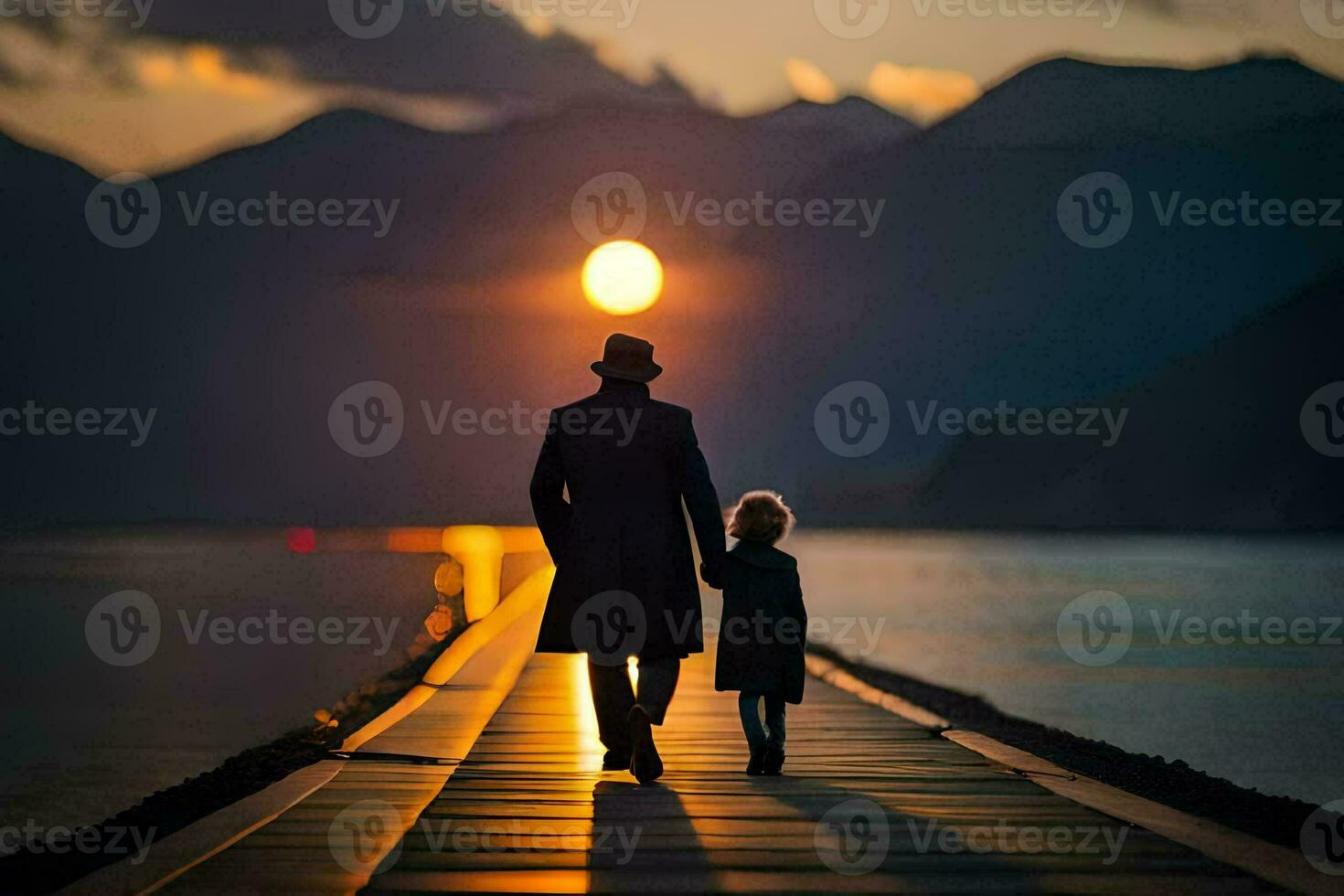 a man and a child walking on a pier at sunset. AI-Generated photo