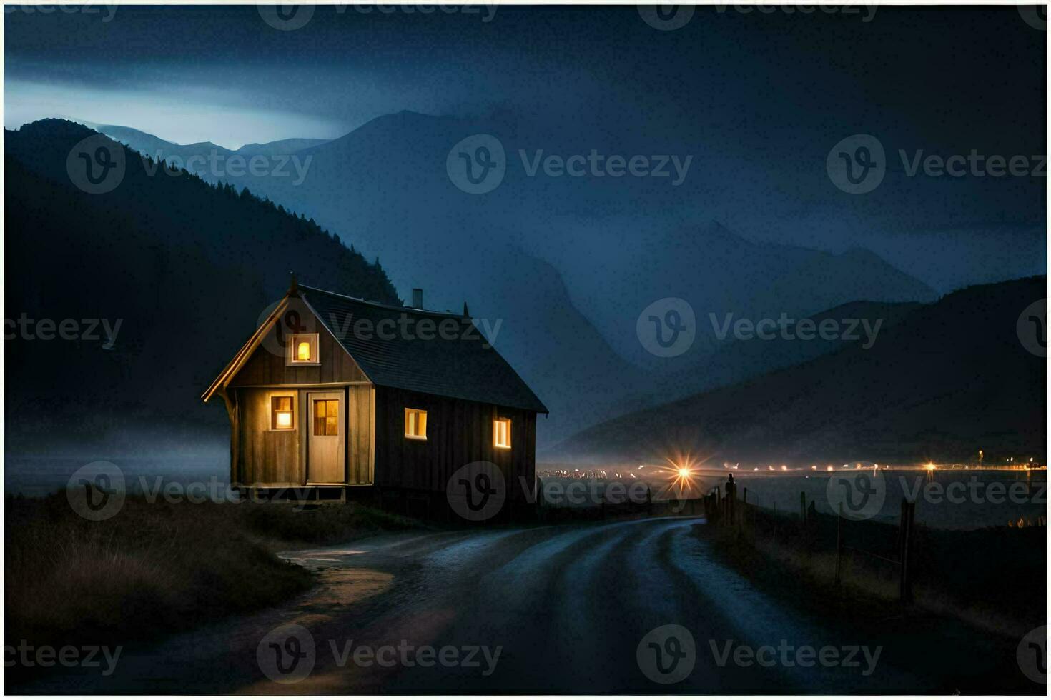 a small cabin in the middle of a road at night. AI-Generated photo