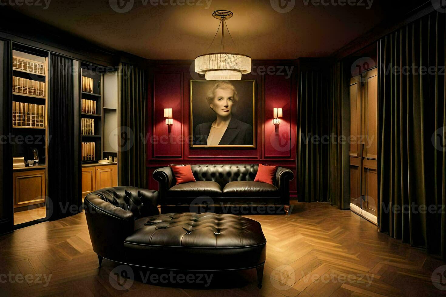 a room with a fireplace, leather furniture and a painting. AI-Generated photo