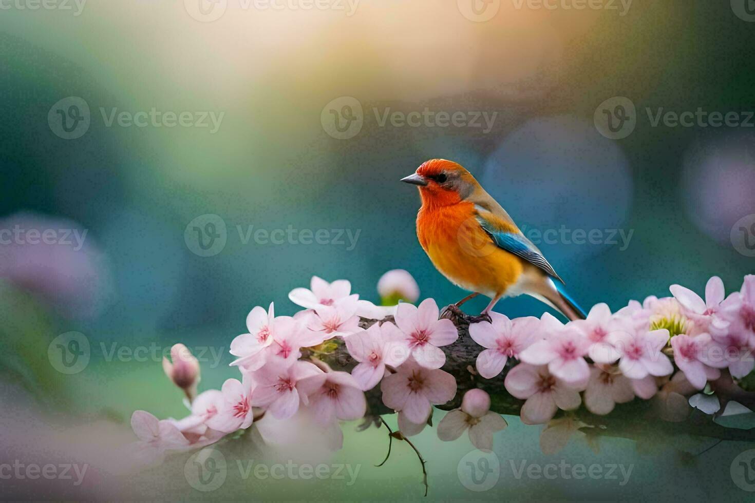 a bird is perched on a branch of cherry blossoms. AI-Generated photo