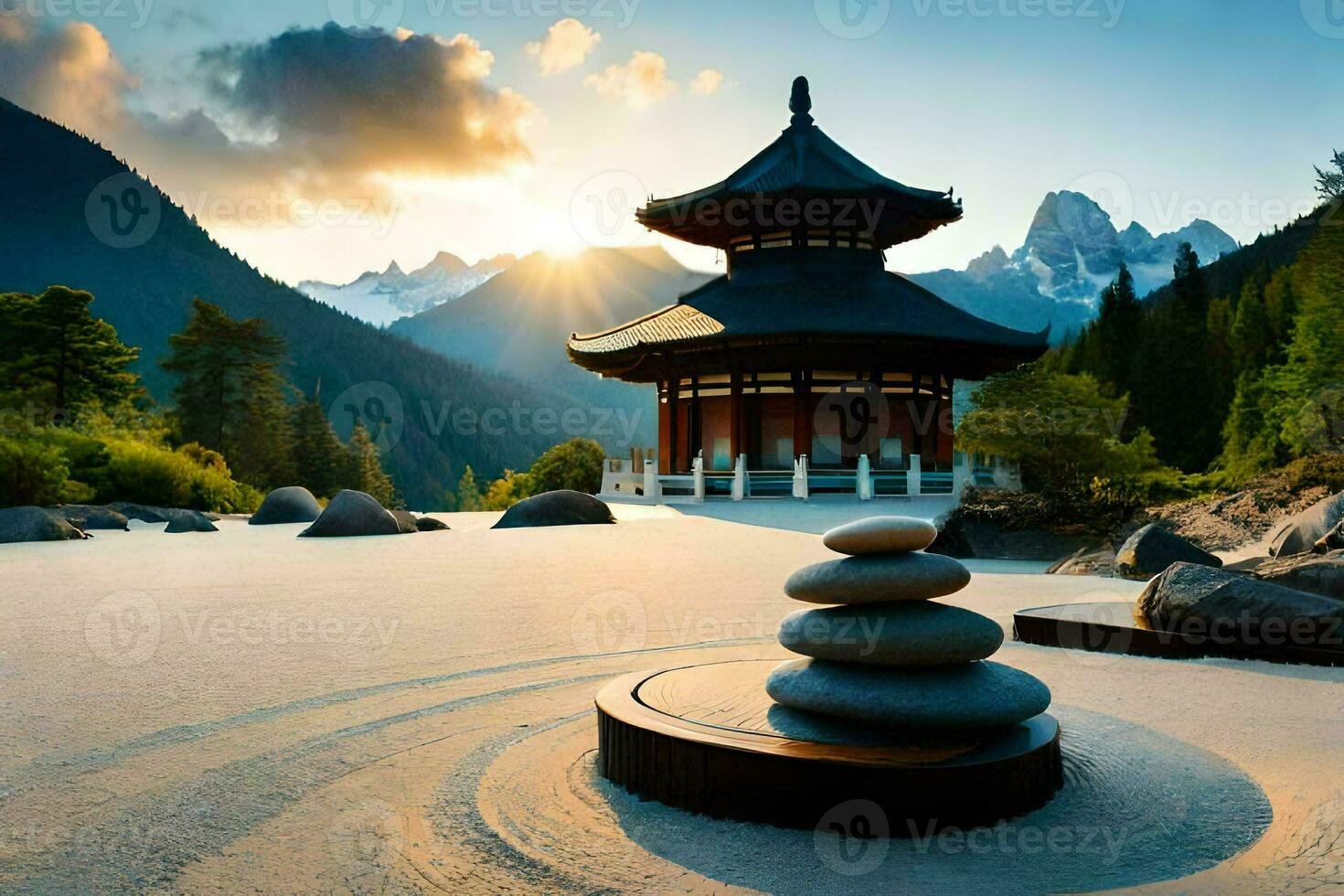 a pagoda sits in the middle of a sandstone path. AI-Generated photo