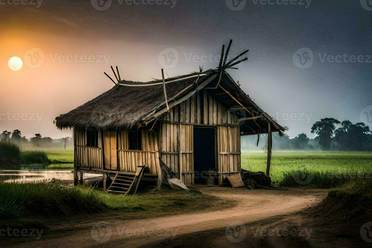 a small hut sits in the middle of a field. AI-Generated photo