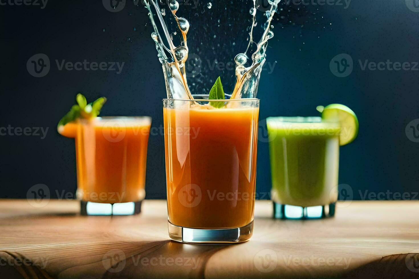 juice splashing into glasses of juice. AI-Generated photo