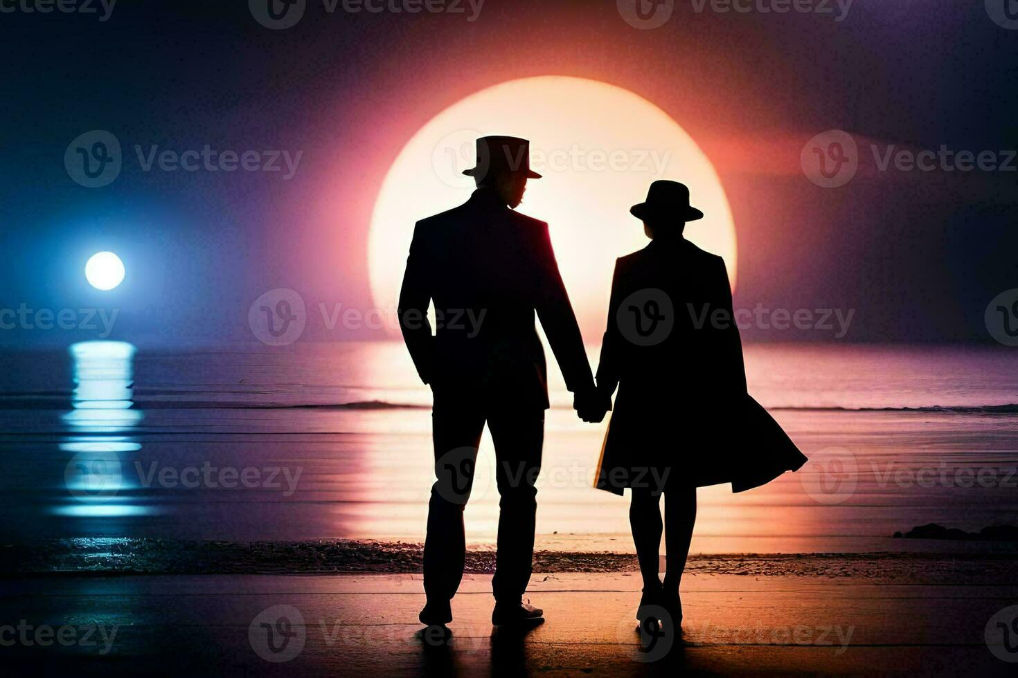 a couple holding hands in front of the sun. AI-Generated photo