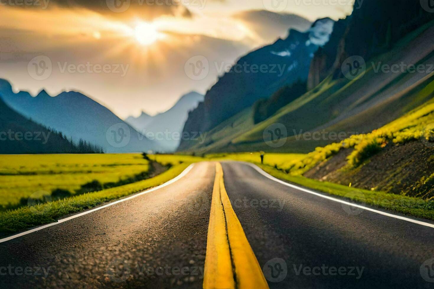 a road in the mountains with the sun setting. AI-Generated photo