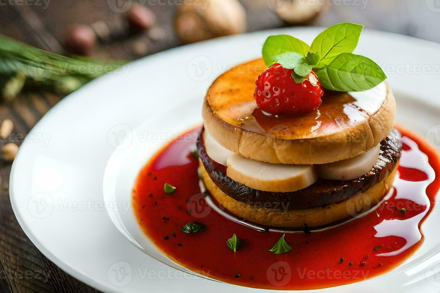 un plato con un pastel y salsa en él. generado por ai foto