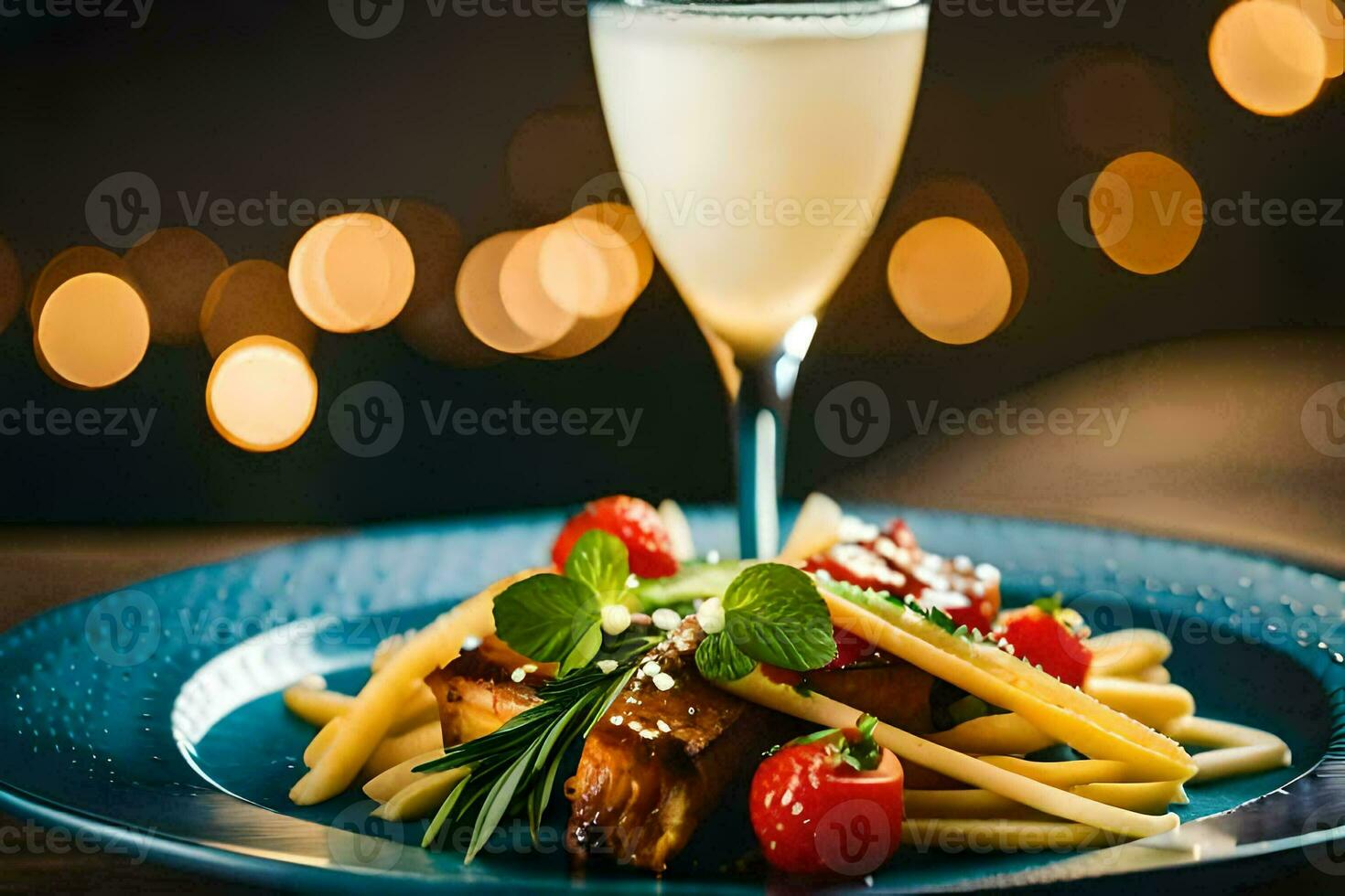 a plate with pasta and a glass of champagne. AI-Generated photo