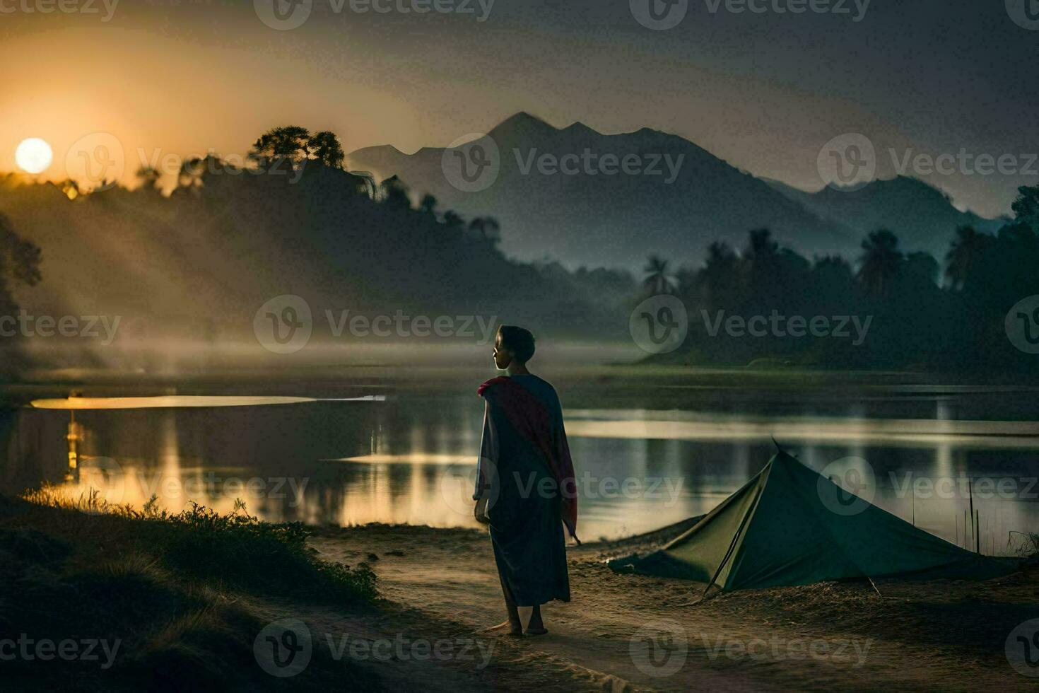 a man stands near a river and a tent at sunrise. AI-Generated photo