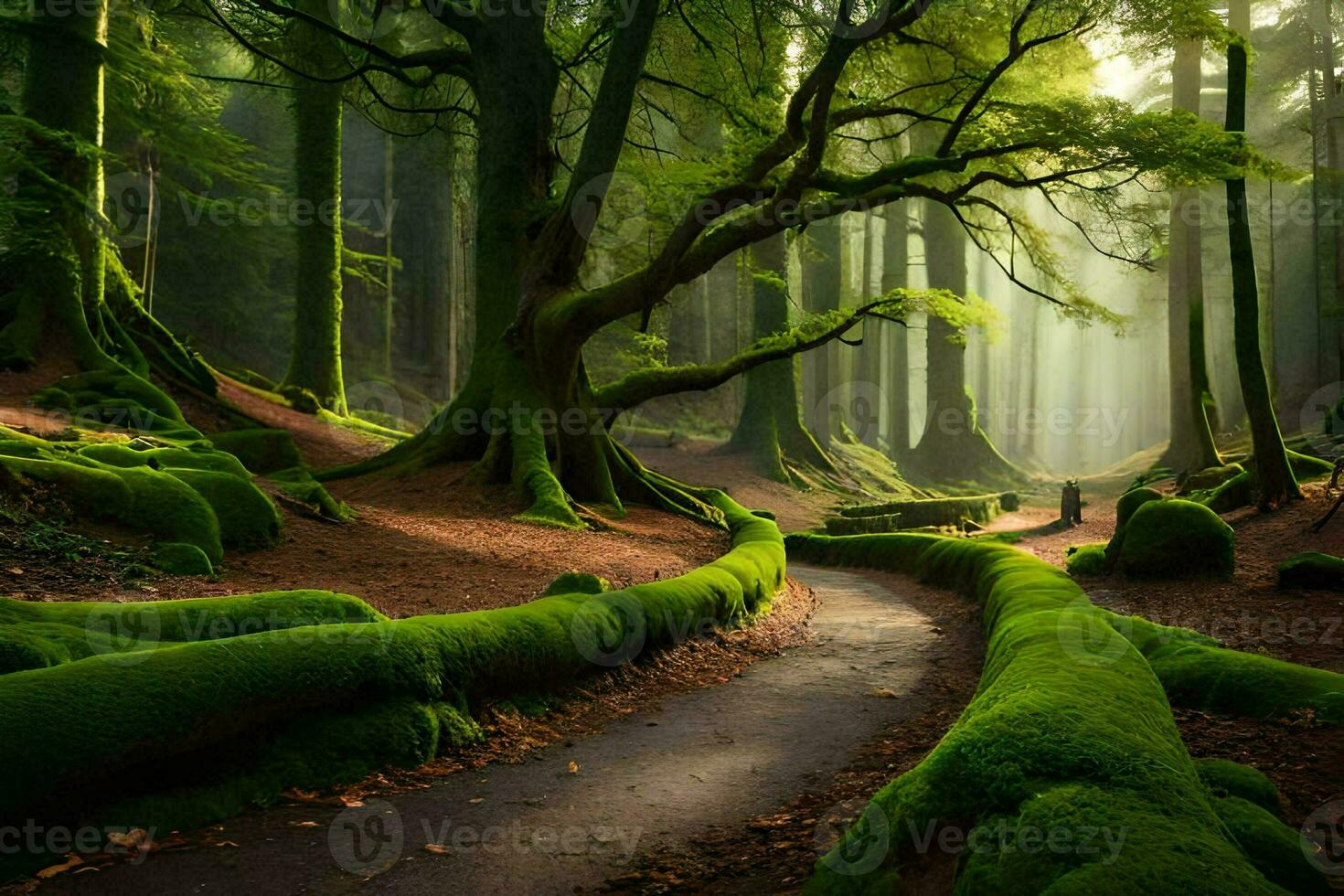 a path through a forest with mossy trees. AI-Generated photo