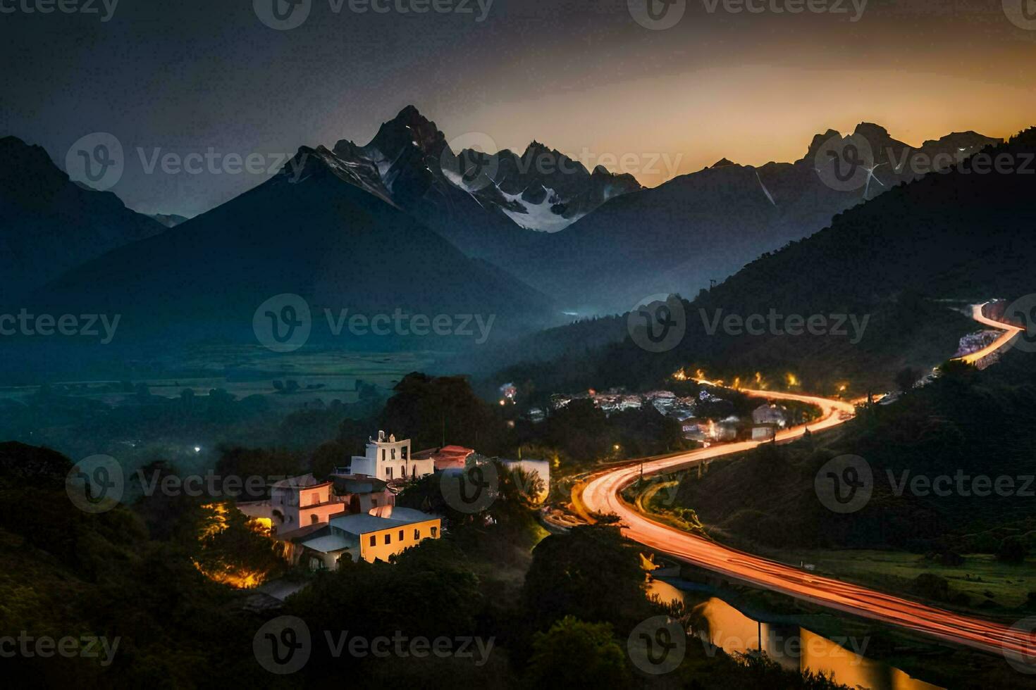 un la carretera devanado mediante el montañas a oscuridad. generado por ai foto