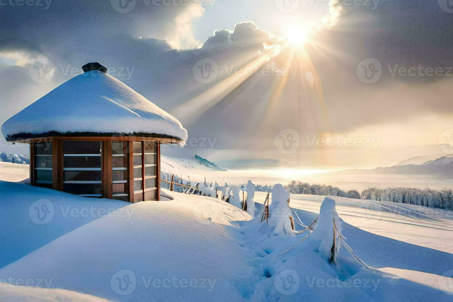 a hut sits on top of a snowy hill. AI-Generated photo