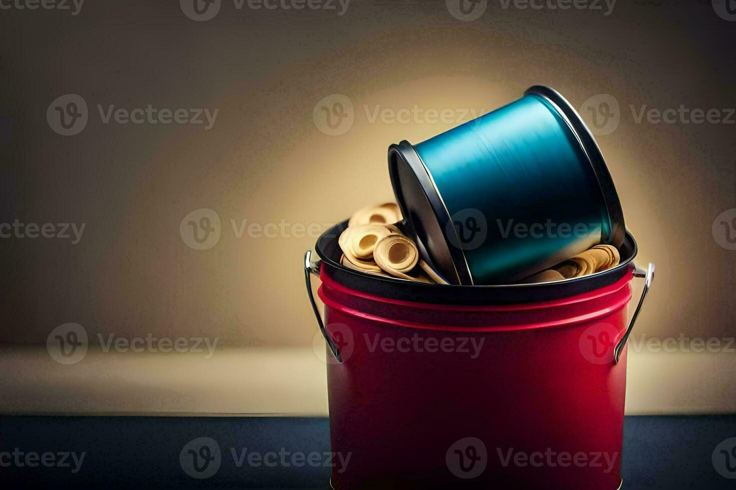 a red and blue can with a spool of thread in it. AI-Generated photo