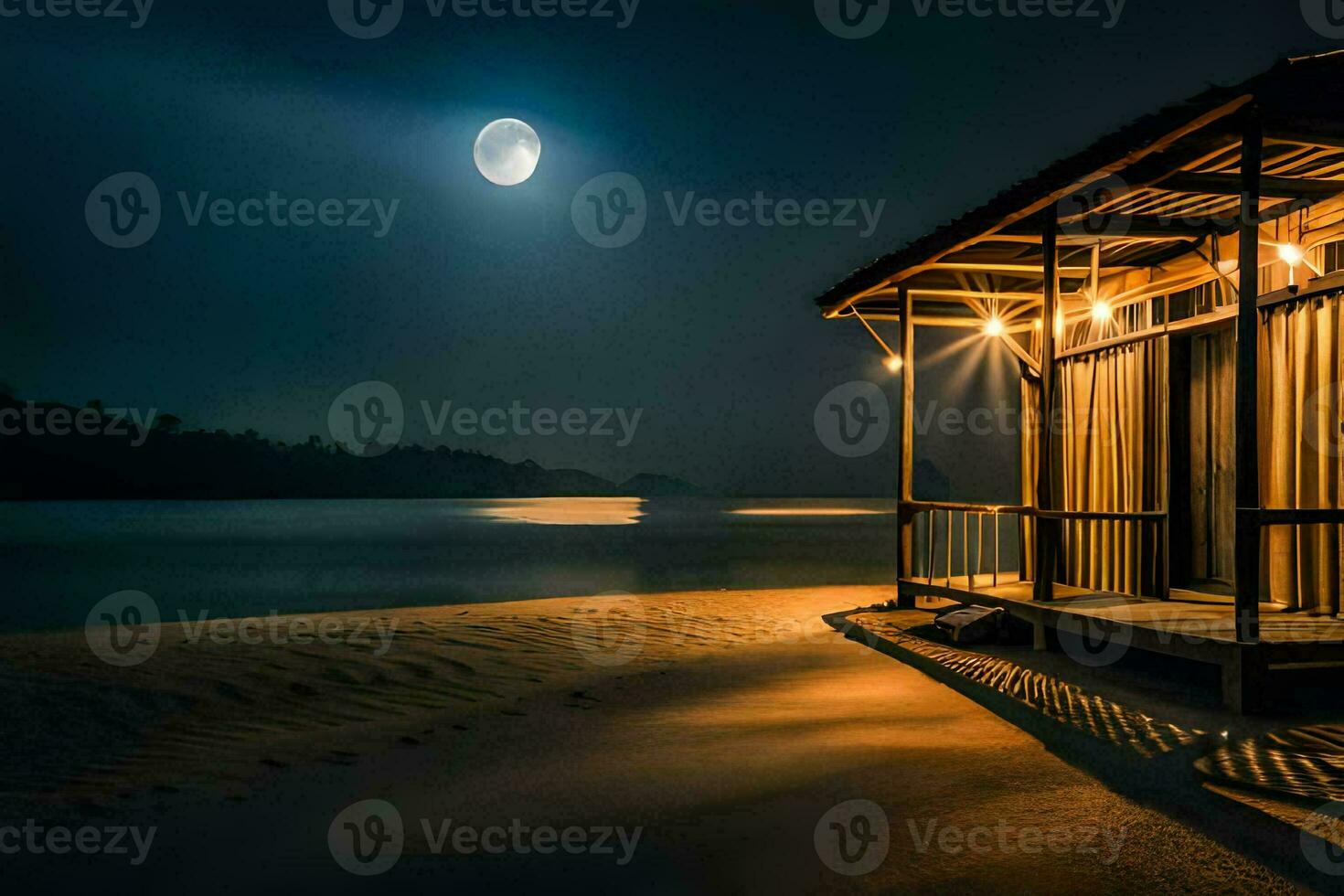 un pequeño choza en el playa a noche con el Luna brillante. generado por ai foto