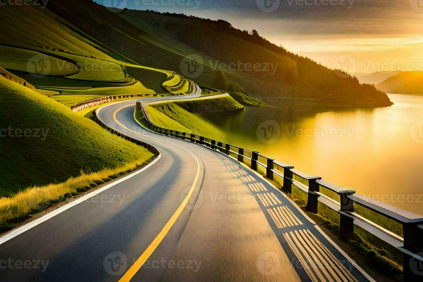 a winding road with the sun setting over the water. AI-Generated photo