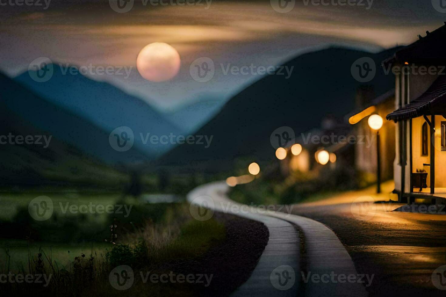 a road with a house and a mountain in the background. AI-Generated photo