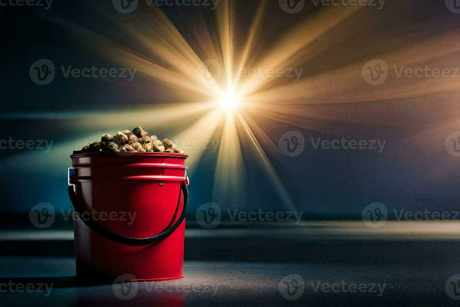 a red bucket filled with peanuts on a dark floor. AI-Generated photo