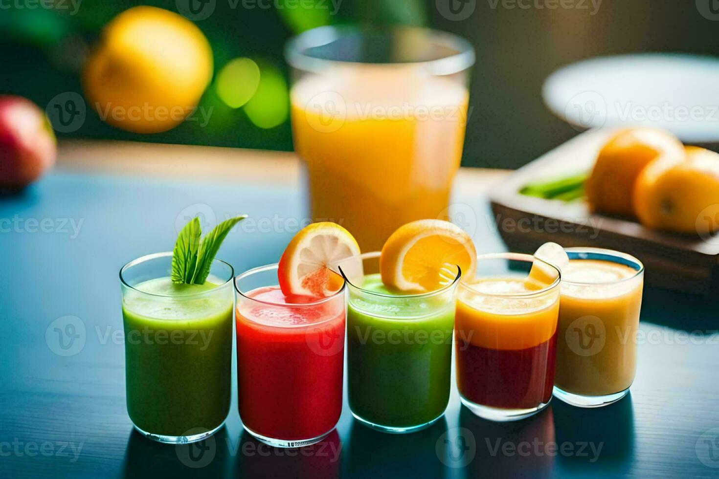 a group of different juices in glasses. AI-Generated photo