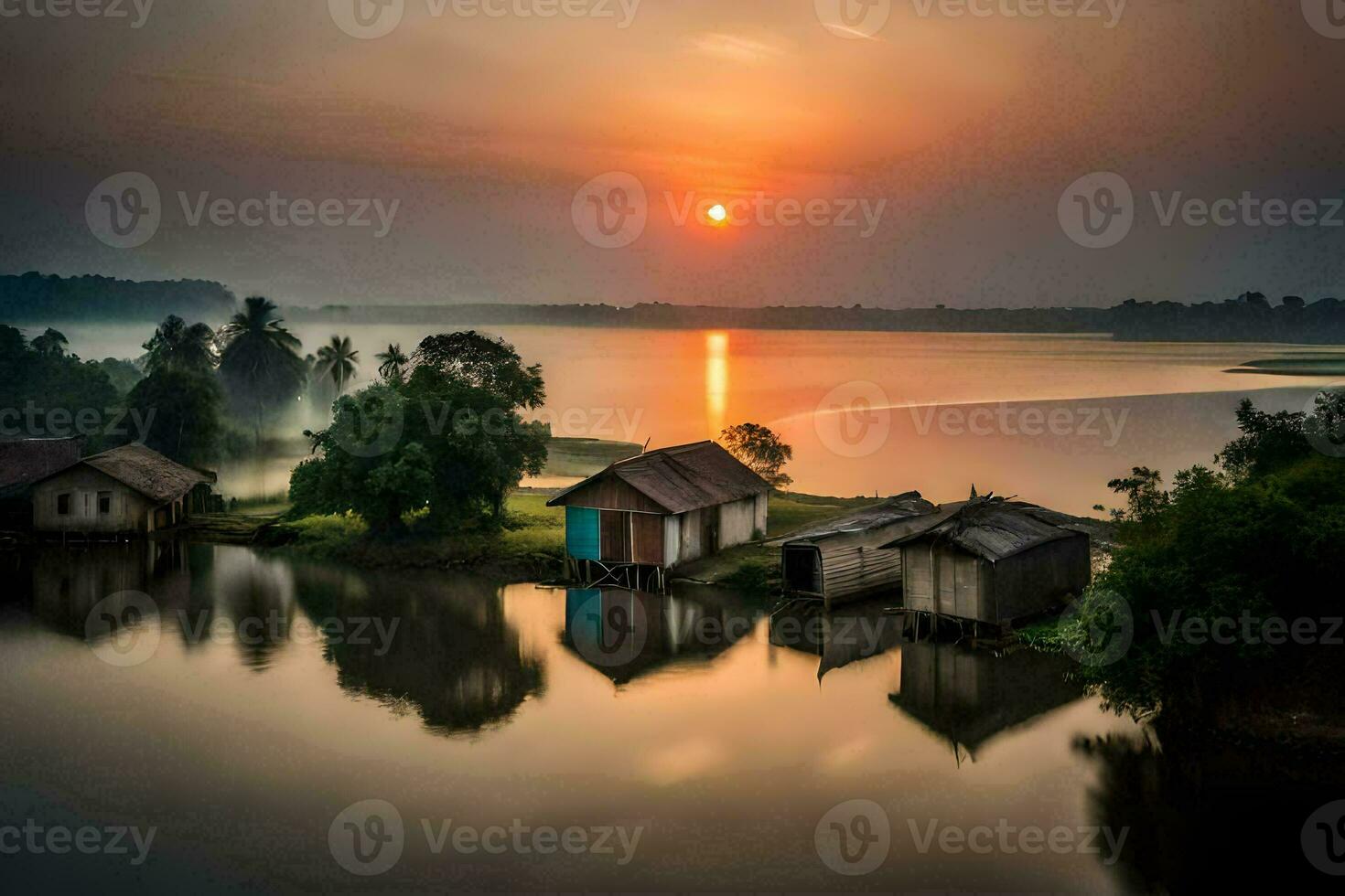 un hermosa amanecer terminado un lago. generado por ai foto