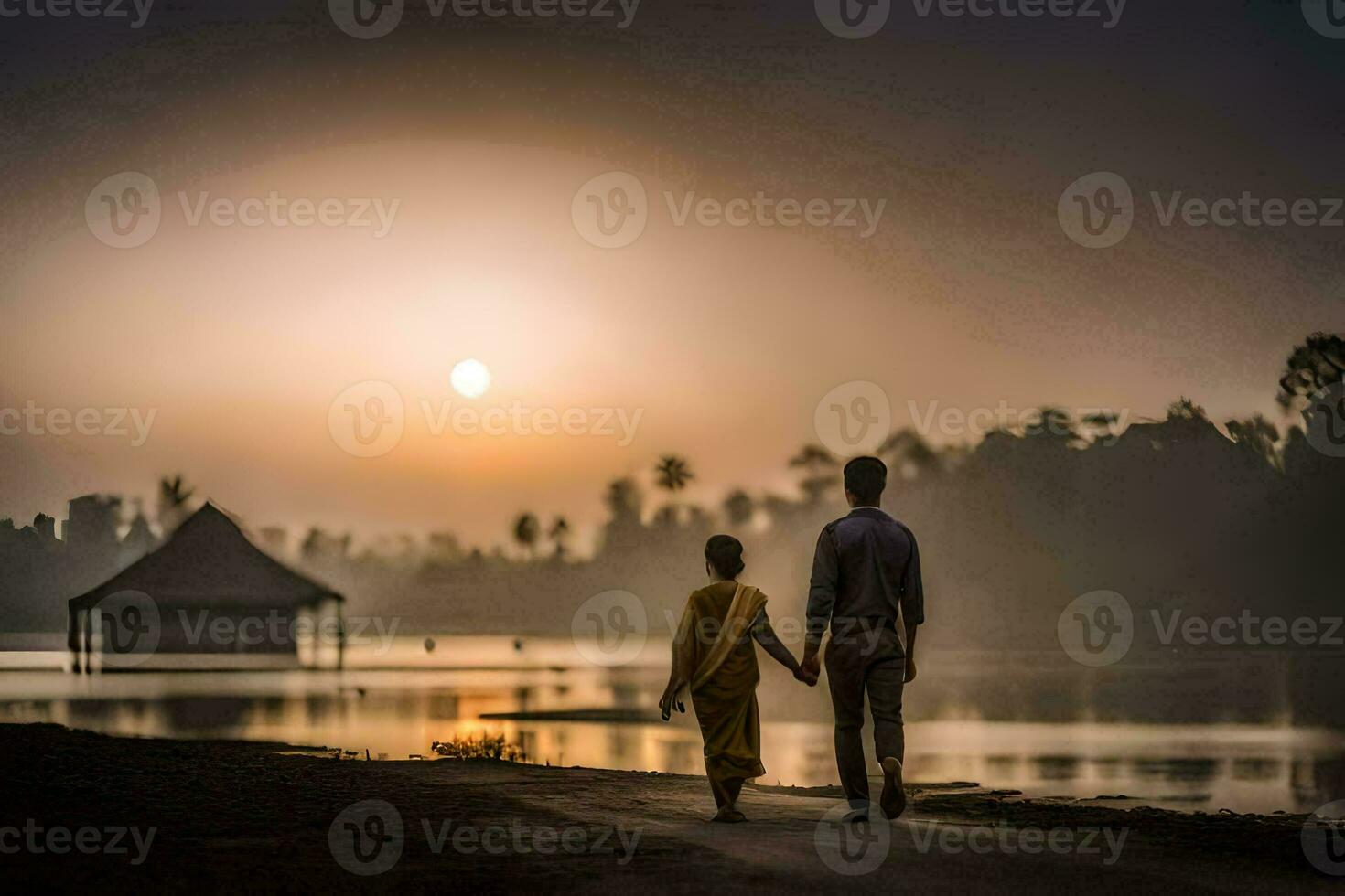 a man and woman walking along the road at sunset. AI-Generated photo