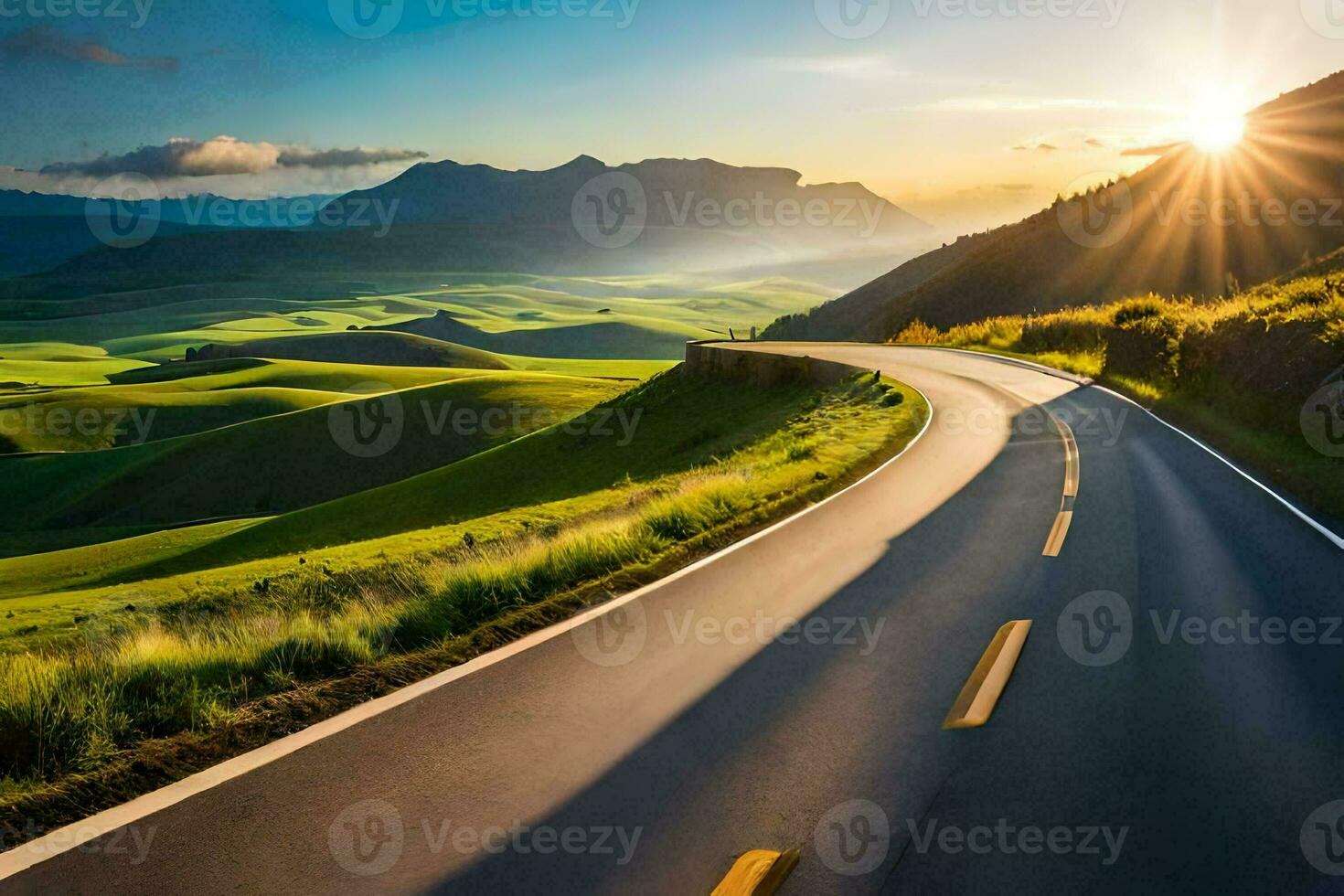 the sun shines on a road in the middle of a green valley. AI-Generated photo