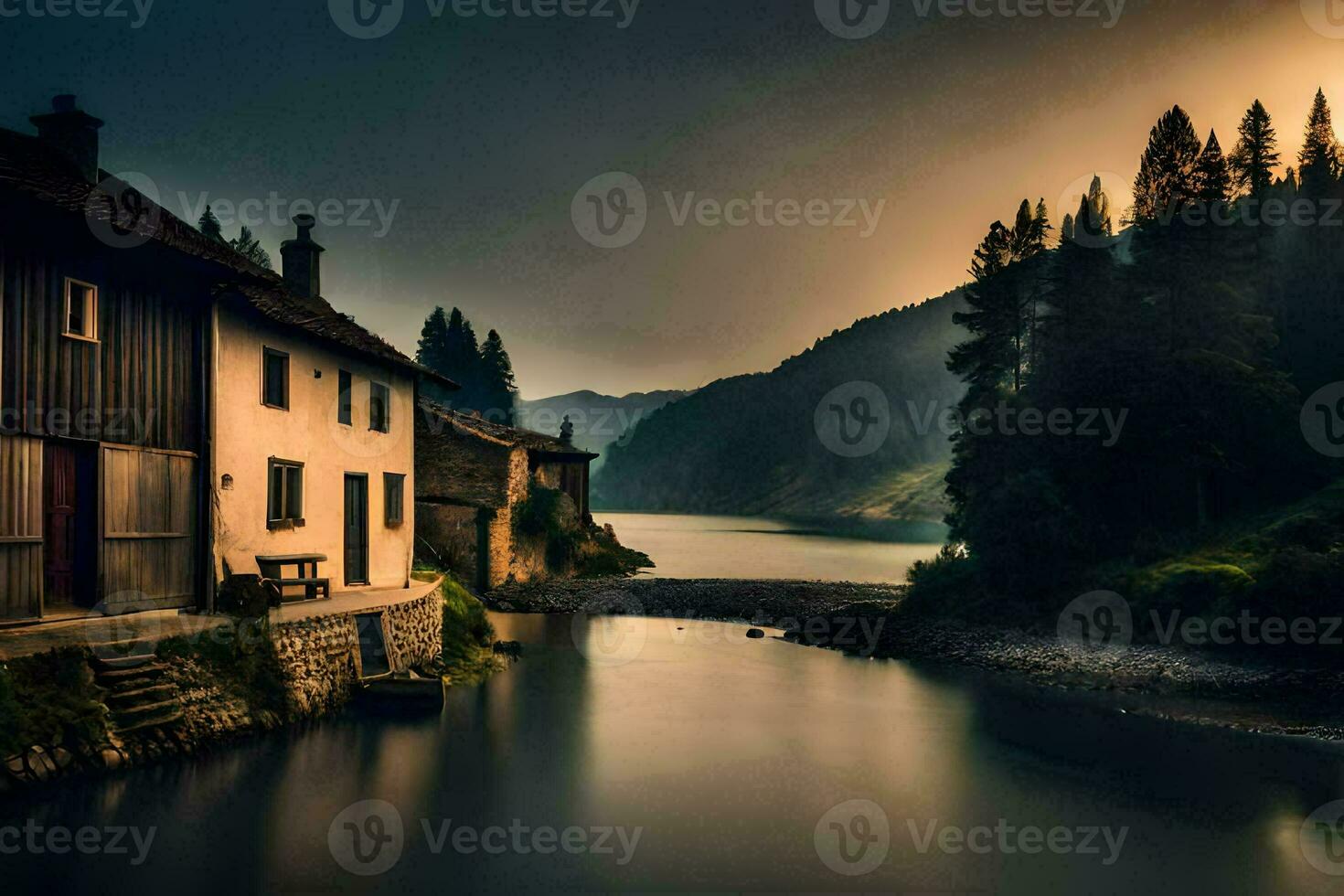 photo wallpaper the sky, water, mountains, house, the sun, the mountains, the river. AI-Generated