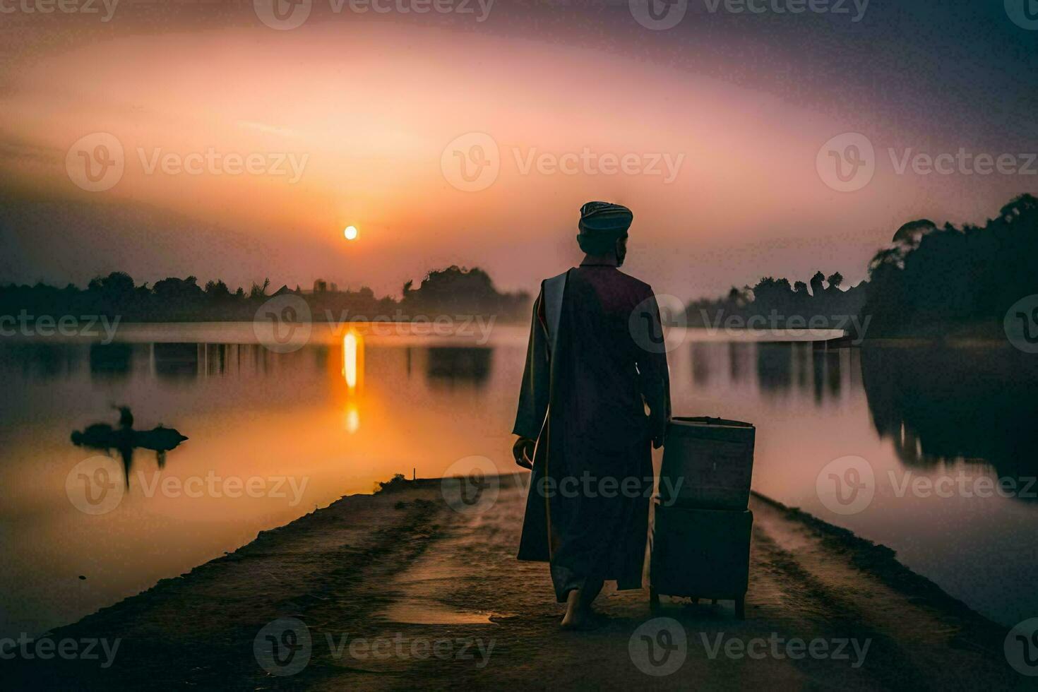 a man walking on a dock with a suitcase. AI-Generated photo