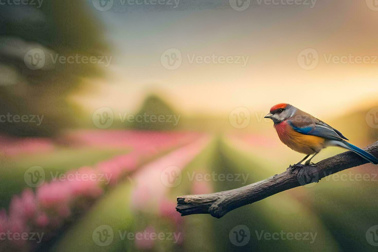 a bird sits on a branch in front of a field of pink flowers. AI-Generated photo